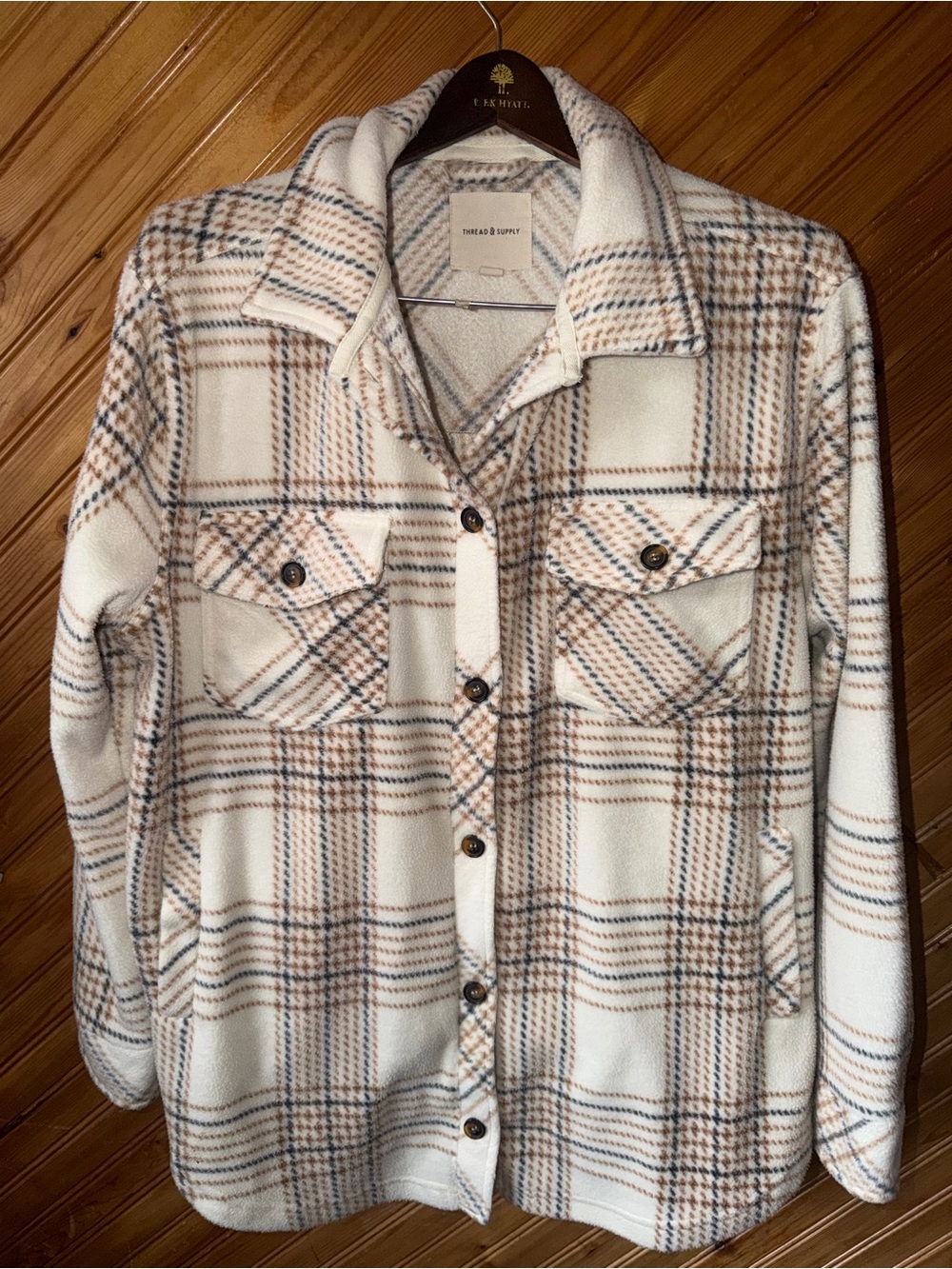 Thread & Supply Women's Plaid Shacket - Cream and Brown Large